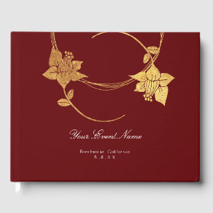 Livro De Visitas Vermelho floral Dourado do casamento do campo
