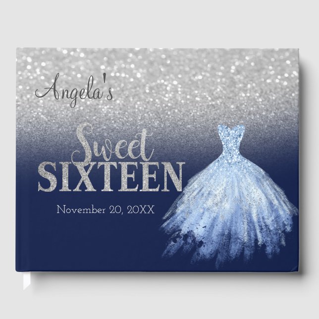 Livro De Visitas Vestido brilhante elegante Bokeh Blue Sweet 16 (Frente)