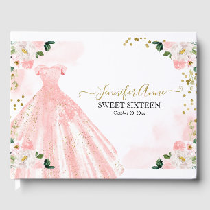 Livro De Visitas Vestido Rosa Flores Aquarela Beijo dos 16 Anos