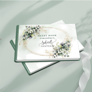 Livro De Visitas Vibrante Sweet 16 verde e branco boho aquarela