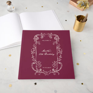Livro De Visitas Vintage Antigo Bordeaux Floral Scroll Aniversário