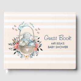 Livro De Visitas Vintage Bunny numa cesta com Flores Bonito