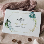 Livro De Visitas Vintage Casamento Eucalyptus Dourado e Verde<br><div class="desc">Este livro de hóspedes de ouro e eucalipto verde é perfeito para um casamento simples. O design apresenta cor d'água verde, dourada, folhas azuis e flores pintadas manualmente, bem como flores arrumadas em buquês e quadros geométricos elegantes. Personalize o cobrir frontal para incluir os nomes da noiva e do noivo...</div>