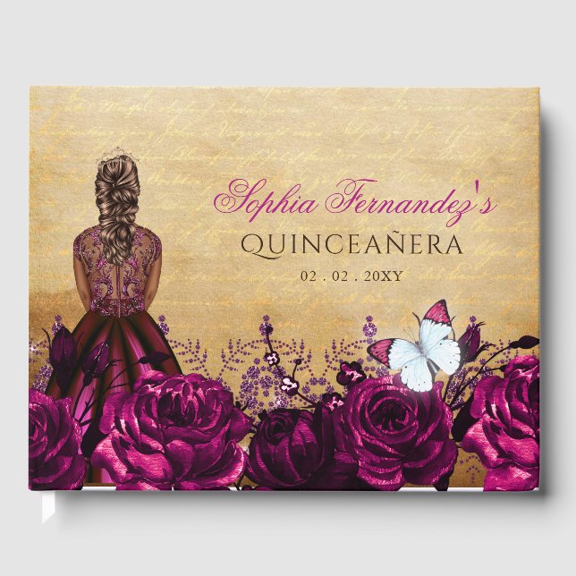 Livro De Visitas Vintage Princess Pink Butterfly Quinceañera (Frente)