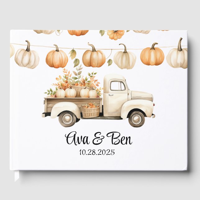 Livro De Visitas Vintage Truck com Pumpkins Wedding (Frente)