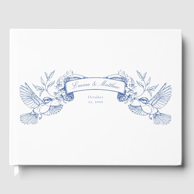 Livro De Visitas Vitoriana Chinoiserie Blue Botanic Birds Banner (Frente)