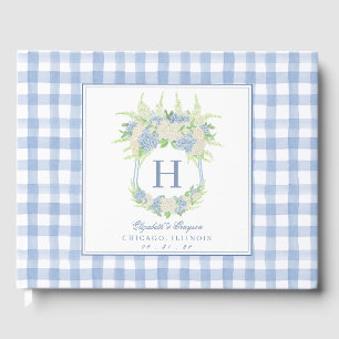 Livro De Visitas Watercolor Blue e White Hydrangea Crest Gingham