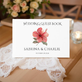 Livro De Visitas Watercolor Coral Red Hibiscus Tropical Wedding 