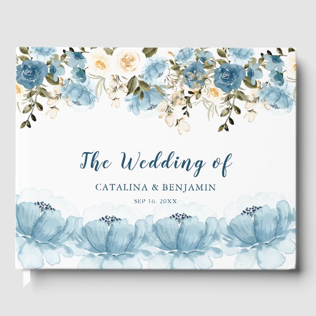 Livro De Visitas Watercolor Dusty Blue Floral Wedding  (Frente)