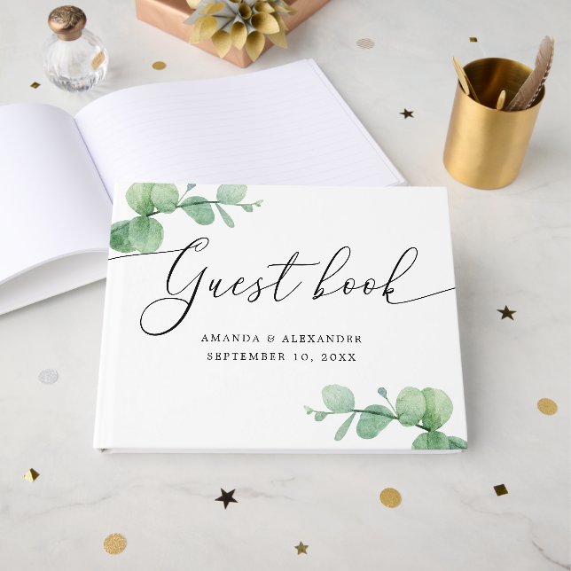 Livro De Visitas Watercolor Eucalyptus Wedding | Elegant Script (Frente aberta)