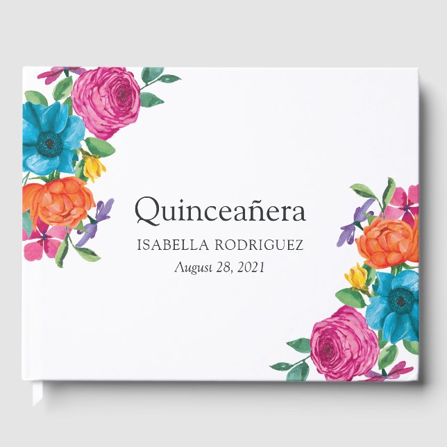 Livro De Visitas Watercolor Floral Fiesta Quinceañera (Frente)