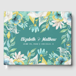 Livro De Visitas Watercolor Floral Mint Yellow Weding Guest Book