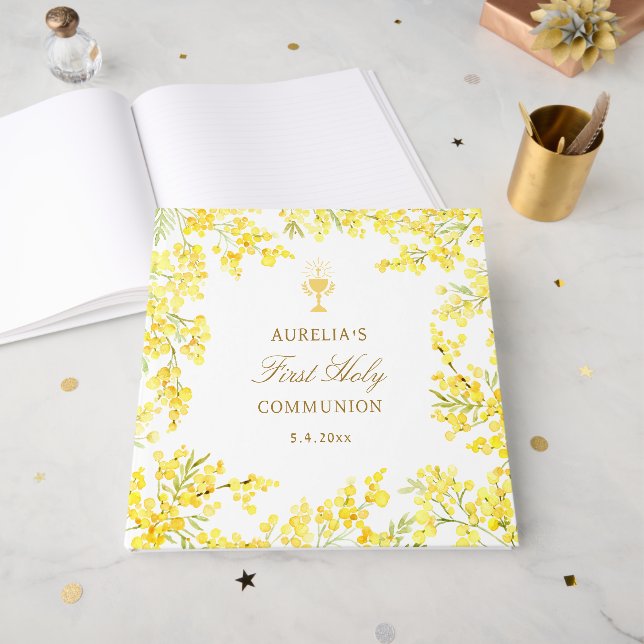 Livro De Visitas Watercolor Mimosa First Communion Guest Book (Frente aberta)