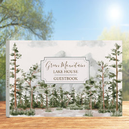 Livro De Visitas Watercolor Mountain and Forest Cabin Lake House