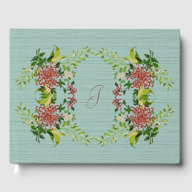 Livro De Visitas Watercolor Red Gerbera Daisy com Greenery (Frente)