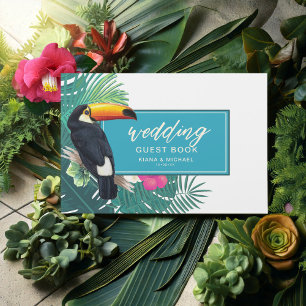 Livro De Visitas Watercolor Tropical w/Toucan Wedding Teal ID577