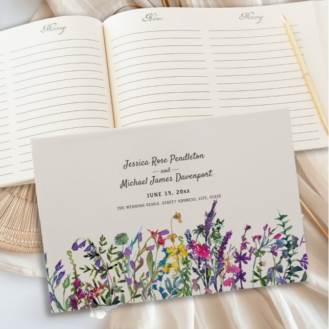 Livro De Visitas Watercolor Wildflower Cream Purple Wedes (Watercolor wildflowers wedding guestbook)