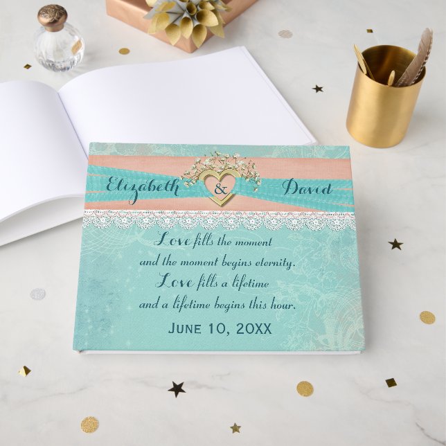 Livro De Visitas Wedding Gold Heart and Ribbon (Frente aberta)