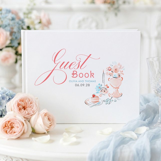 Livro De Visitas Whimsical Funky Floral Quirky Hand Drawn Wedding (Dusty Blue and Pink Whimsical Wedding Guest Book)