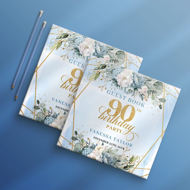 Livro De Visitas Whimsical Gold Frame Dusty Blue Flowers 90th  (Whimsical Gold Frame Dusty Blue Flowers 90th Birthday Guest Book

)