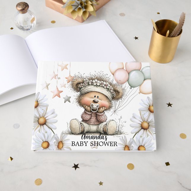 Livro De Visitas Whimsical Teddy Bear Baby Shower  (Frente aberta)
