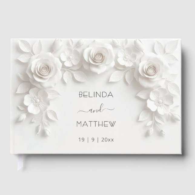 Livro De Visitas White 3D Floral Roses | Wedding (Frente)