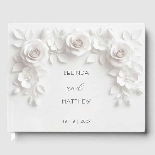 Livro De Visitas White 3D Floral Roses | Wedding (Frente)