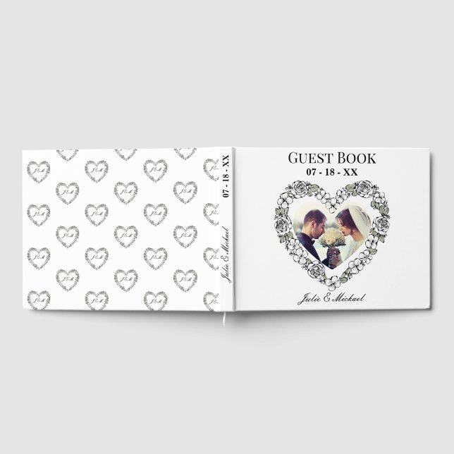 Livro De Visitas White & Black Floral Heart Photo Wedding Guest Boo (Completo)