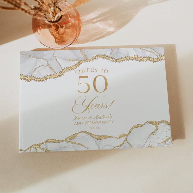 Livro De Visitas White Gold Agate 50th Wedding Anniversary Party (Criador carregado)