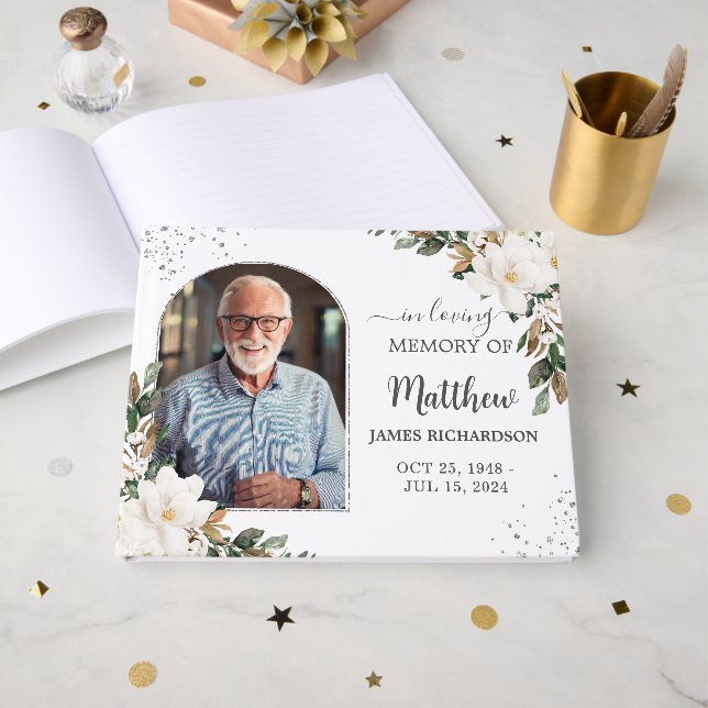 Livro De Visitas White Magnolias Floral Memorial Foto Funeral (Frente aberta)