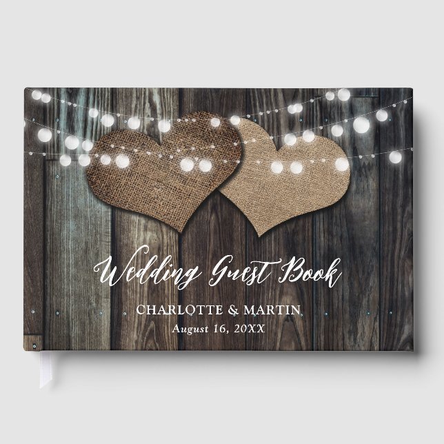 Livro De Visitas Wood Burlap Hearts String Lights Country Weding (Frente)