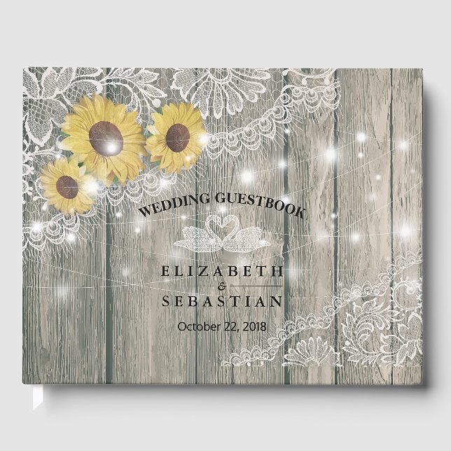 Livro De Visitas Wood Sunflower Lace String Light Weding Guestbook (Frente)