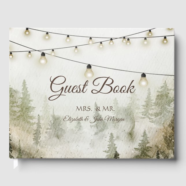 Livro De Visitas Woodland,Forest,Pine Trees,String Lights Weding (Frente)