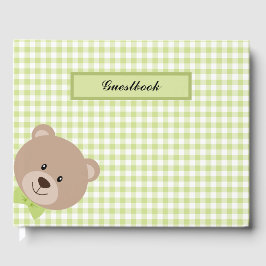 Livro De Visitas Xadrez VERDE E BRANCA DE GINGHAM COM URSO