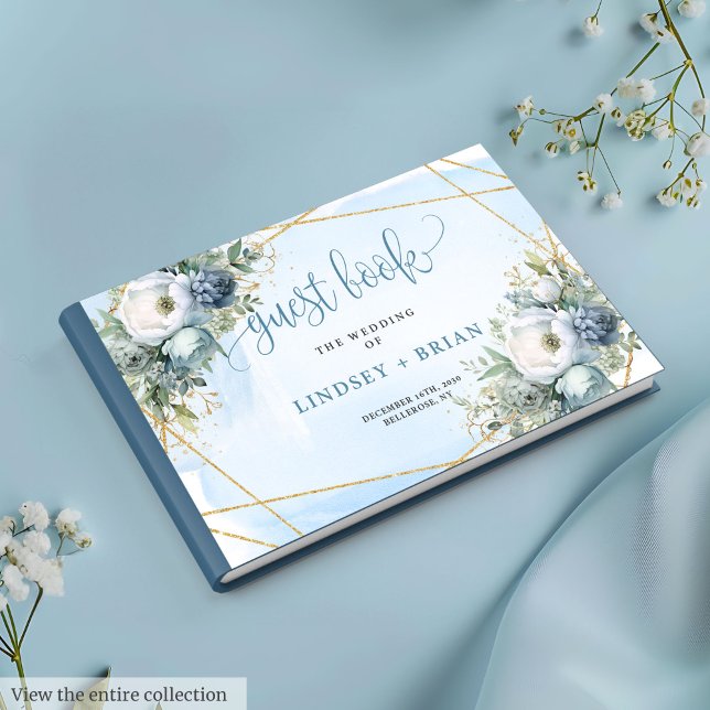 Livro Dourado Floral Branco Azul Pastel Azul Elega (Elegant Pastel Blue White Gold Floral Guest Book)
