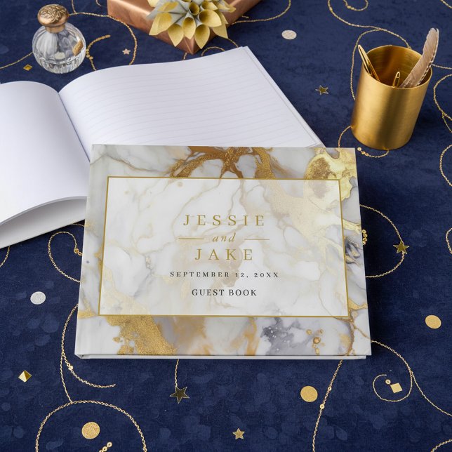 Livro Guest Elegante de Casamento Marble branco e  (Elegant white and Gold Marble Wedding Guest Book.)