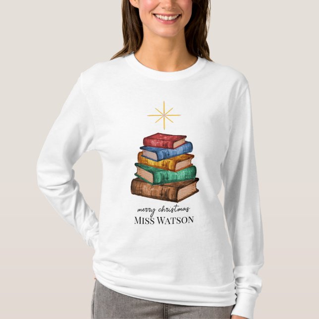 Livros Árvore de Natal Professora Camisa Personali (Frente)