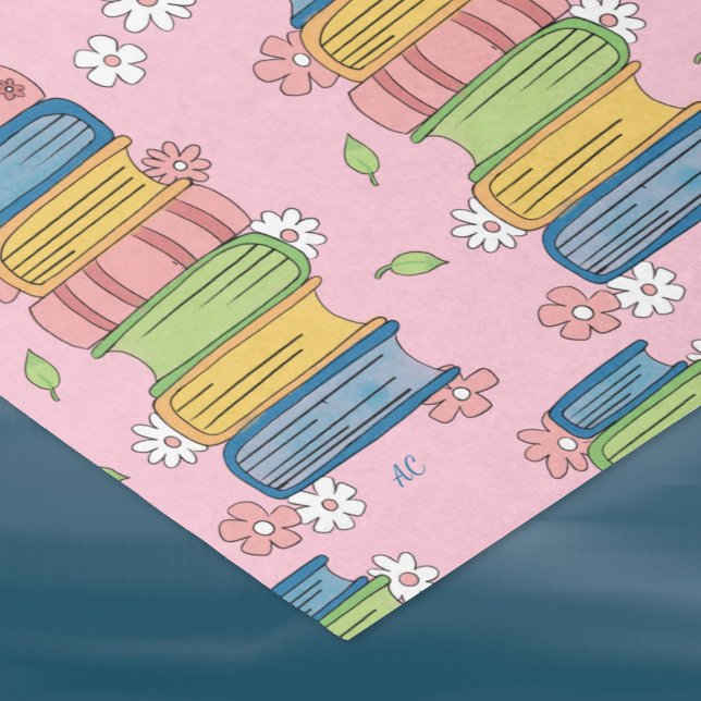Livros Empilhos e Flores Papel Tecido Rosa (Pretty pink tissue paper with a pattern of watercolor book stacks and little flowers . )