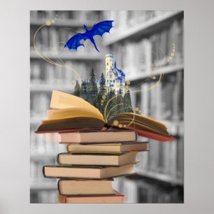Livros mágicos com dragão e poster do castelo