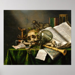 Livros, manuscritos, e poster do crânio