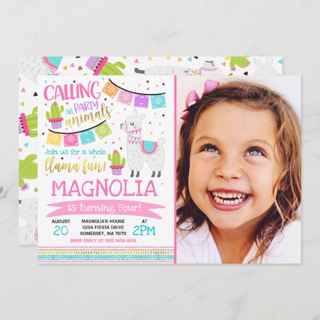 Llama Birthday Convite à Festa Inteira de Diversão (Frente/Verso)