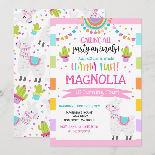 Llama Birthday Convite à Festa Inteira de Diversão (Frente/Verso)