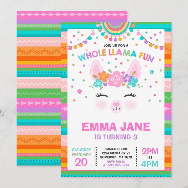 Llama Birthday Convite à Festa Inteira de Diversão (Frente/Verso)