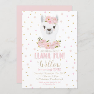 Llama Birthday Convite Blush Floral Girl