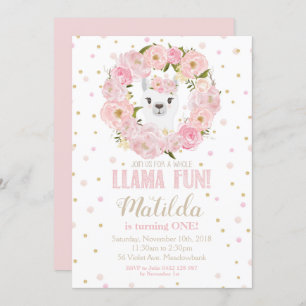 Llama Birthday Convite Blush Floral Girl