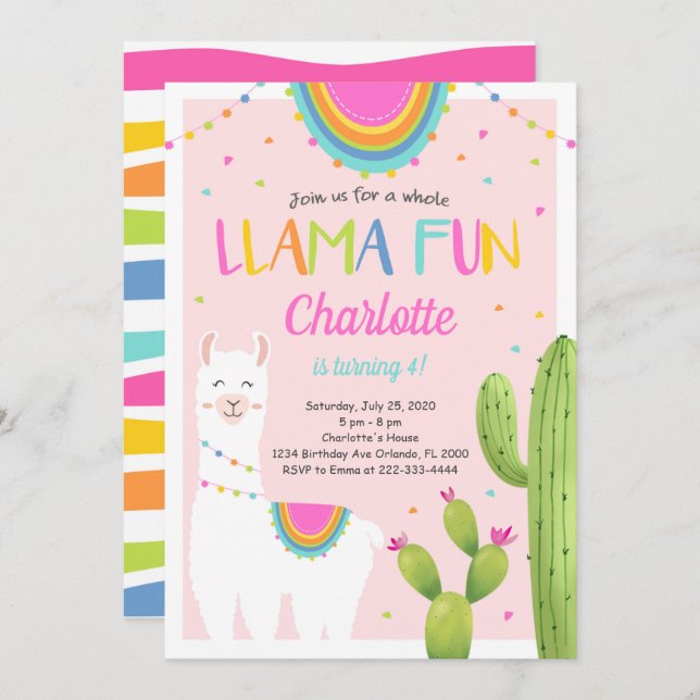 Llama Cactus, Rosa, Convite de Aniversário (Frente/Verso)