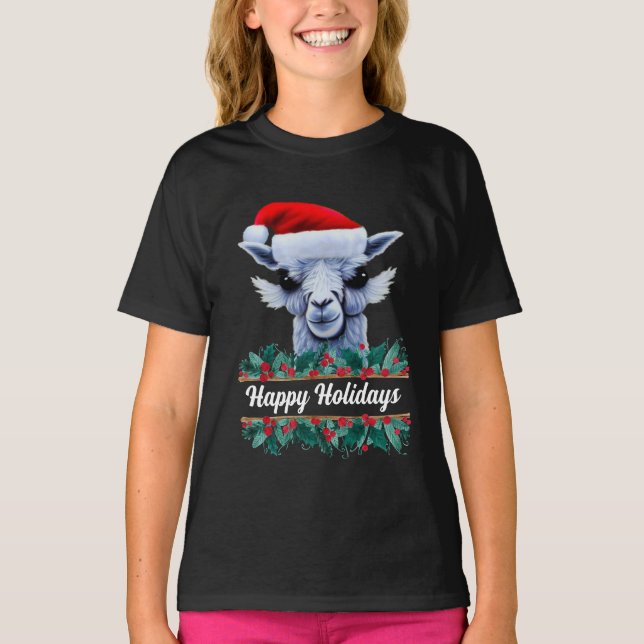 Llama Com Papai Noel E T-Shirt (Frente)