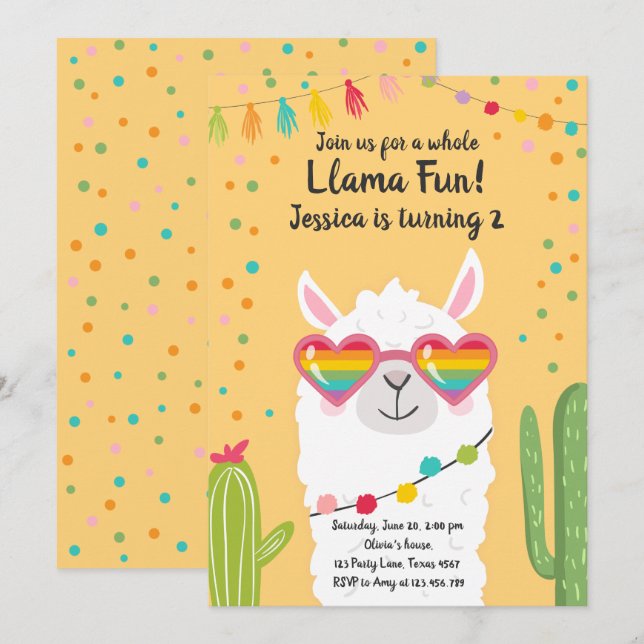 Llama Fiesta Heart Sunglass Convite de Aniversário (Frente/Verso)
