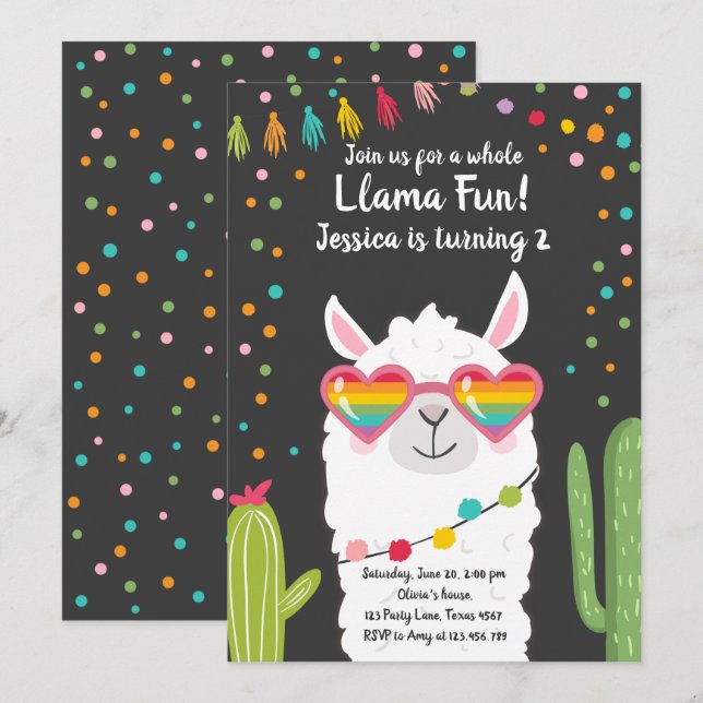 Llama Fiesta Heart Sunglass Convite de Aniversário (Frente/Verso)