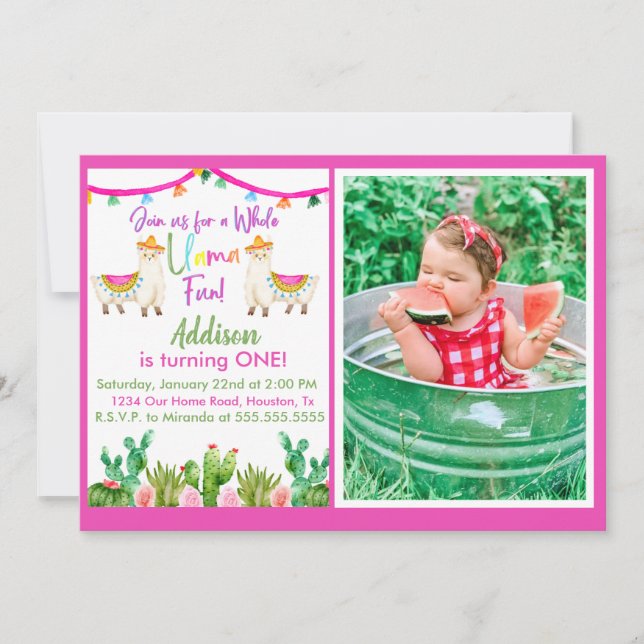 Llama Rosa/ Cactus Fiesta Fotografia Convite (Frente)